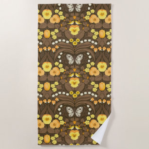 Yellow pansies, birds and butterflies beach towel