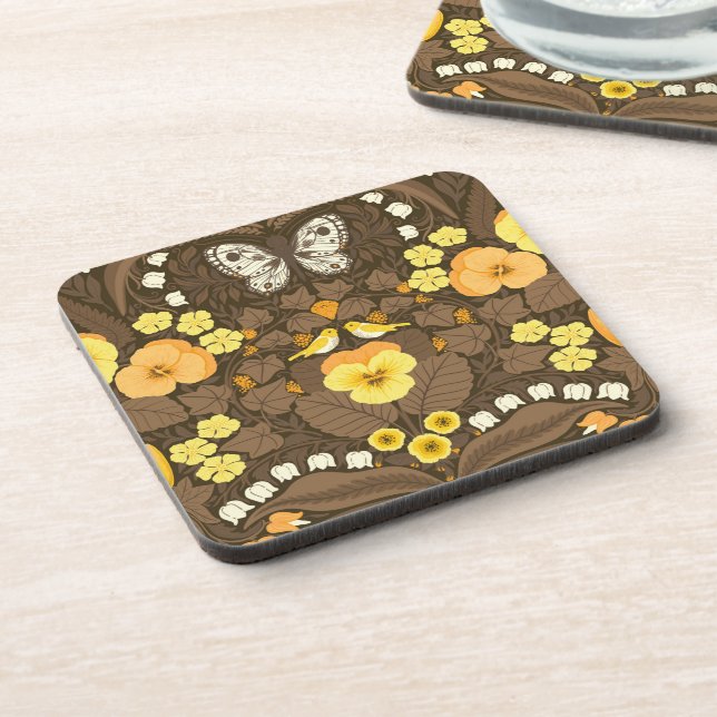 Yellow pansies, birds and butterflies coaster (Left Side)