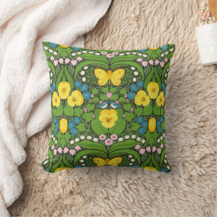 Yellow pansies, birds and butterflies cushion