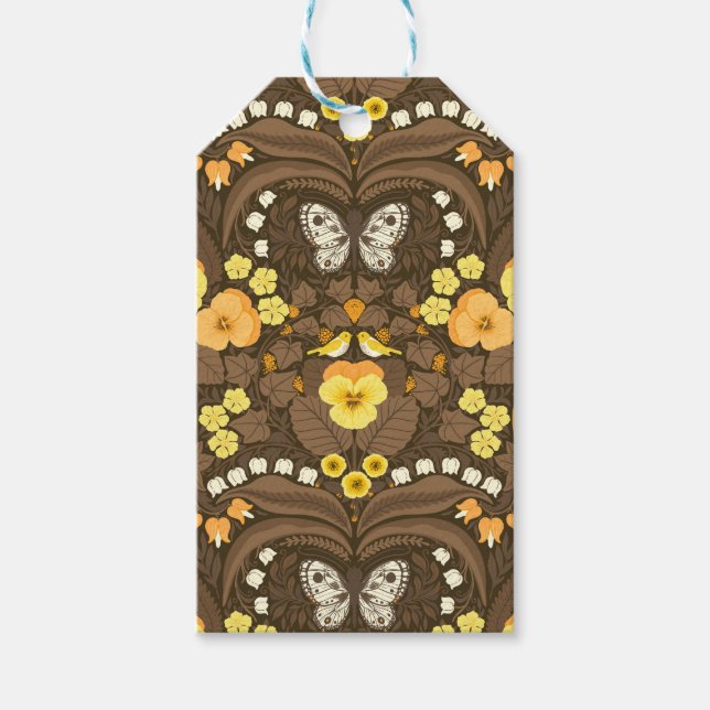 Yellow pansies, birds and butterflies gift tags (Front)