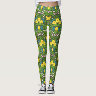 Yellow pansies, birds and butterflies leggings