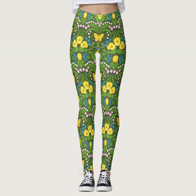 Yellow pansies, birds and butterflies leggings (Front)