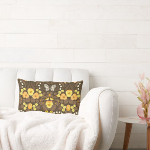 Yellow pansies, birds and butterflies lumbar cushion