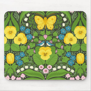 Yellow pansies, birds and butterflies mouse pad
