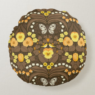 Yellow pansies, birds and butterflies round cushion