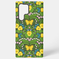 Yellow pansies, birds and butterflies