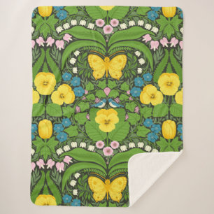 Yellow pansies, birds and butterflies sherpa blanket
