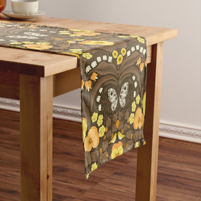 Yellow pansies, birds and butterflies short table runner (In Situ)