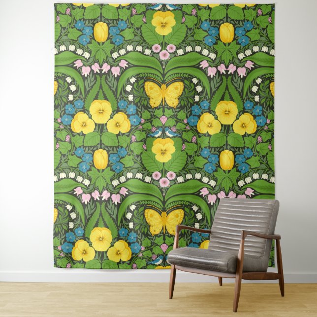Yellow pansies, birds and butterflies tapestry (In Situ)