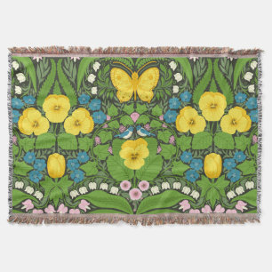 Yellow pansies, birds and butterflies throw blanket