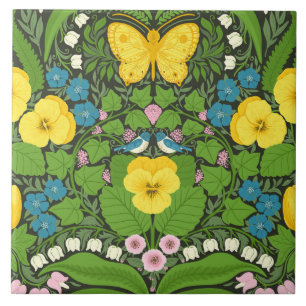 Yellow pansies, birds and butterflies tile