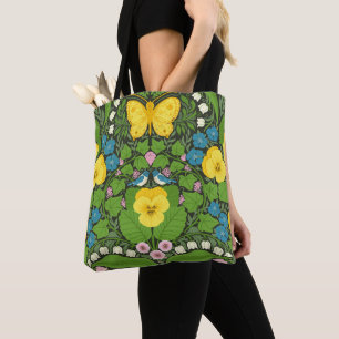 Yellow pansies, birds and butterflies tote bag