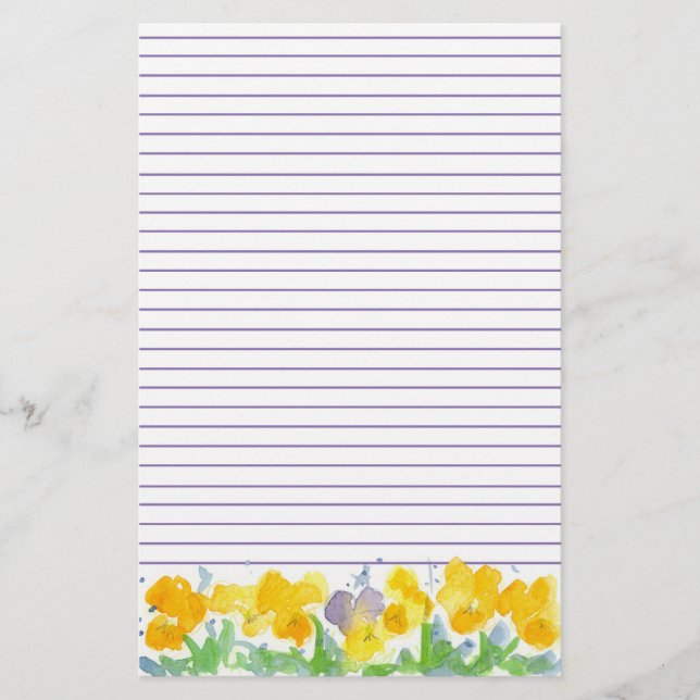 Yellow Pansies Floral Watercolor Painting Lined Stationery (Front)