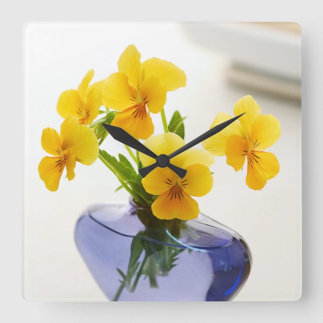 Yellow Pansies Purple Vase Pansy Flowers Spa Bath Square Wall Clock (Front)