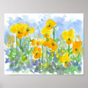 Yellow Pansies Watercolor Spring Flowers Painting Poster