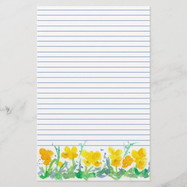 Yellow Pansy Flowers Watercolor Painting Lined Stationery (Front)
