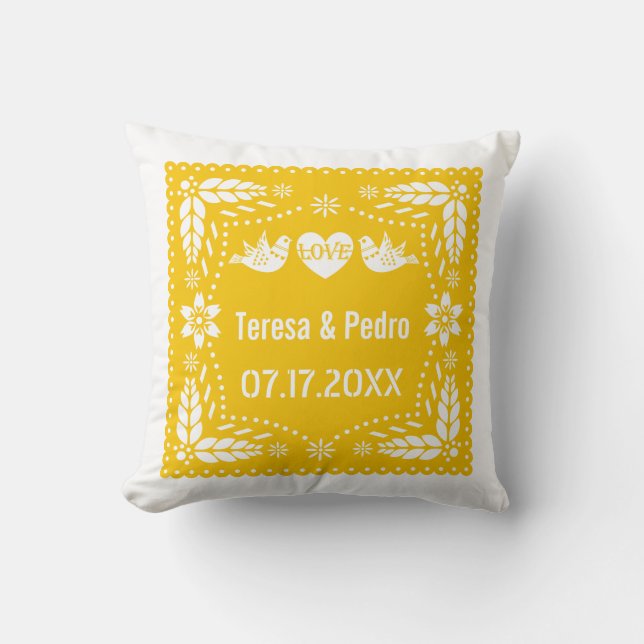 Yellow papel picado love birds wedding  cushion (Front)