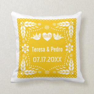 Yellow papel picado love birds wedding cushion