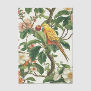 Yellow Parakeet Perched on Tropical Flowers Branch Tissue Paper