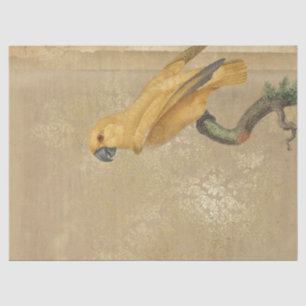 Yellow Parrot on Tan and Gold Decoupage Tissue Paper