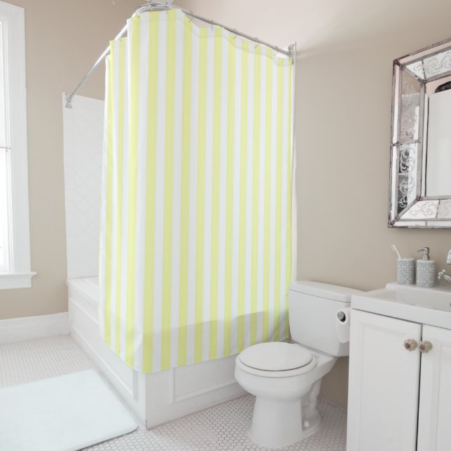 Yellow Pastel Stripes Pattern Modern Geometric Shower Curtain (In Situ)