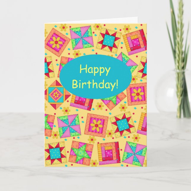 Yellow Patchwork Quilt Block Art Happy Birthday Card (Front)