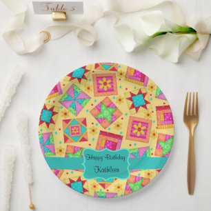 Yellow Patchwork Quilt Block Name Happy Birthday Paper Plate