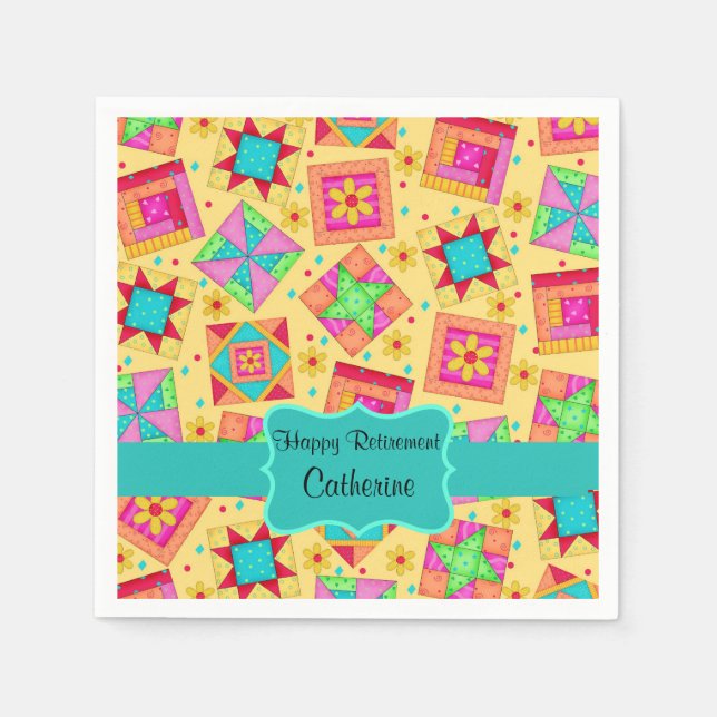 Yellow Patchwork Quilt Block Name Happy Retirement Napkin (Front)
