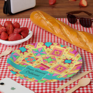 Yellow Patchwork Quilt Block Name Happy Retirement Paper Plate