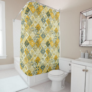 Yellow Patchwork Quilt Rustic Floral Retro Shower Curtain