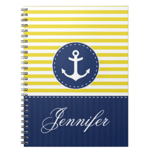 Yellow Pattern Blue Anchor Personalised Name Spiral Notebook