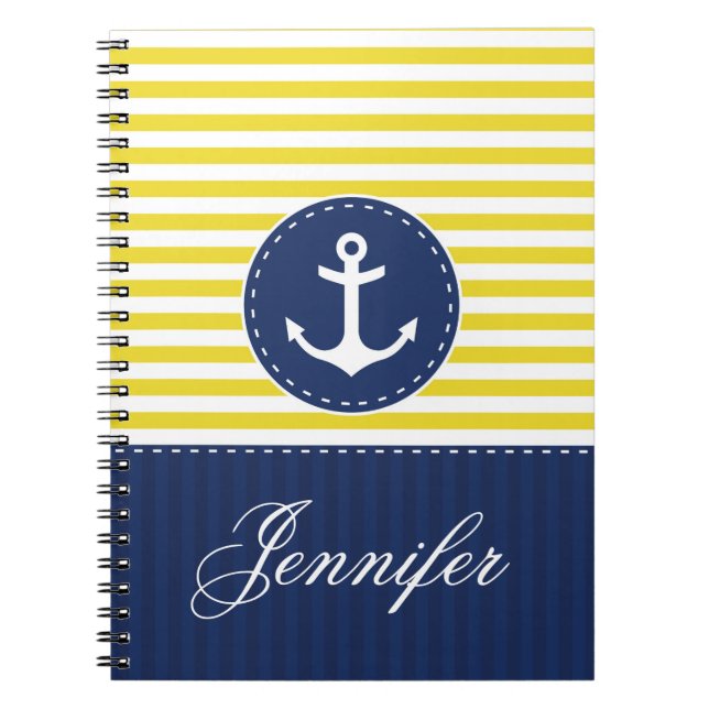 Yellow Pattern Blue Anchor Personalised Name Spiral Notebook (Front)