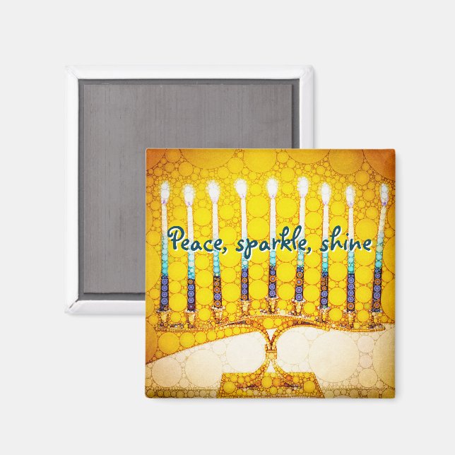 Yellow Peace Sparkle Shine Script Hanukkah Menorah Magnet (Front/Back)