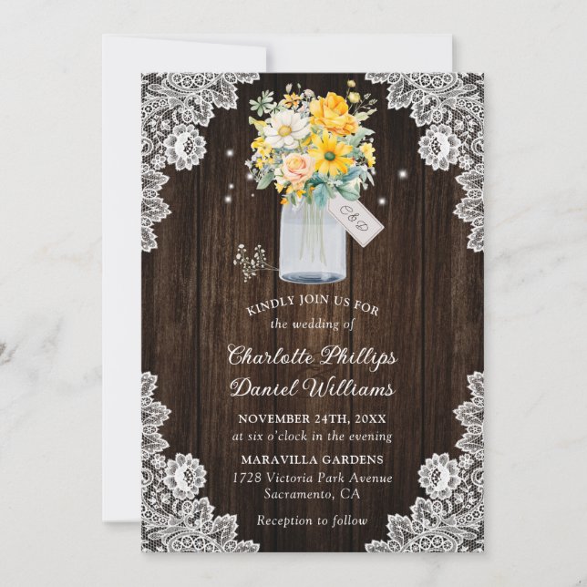 Yellow Peach Floral Wood Lace Rustic Wedding Invitation (Front)