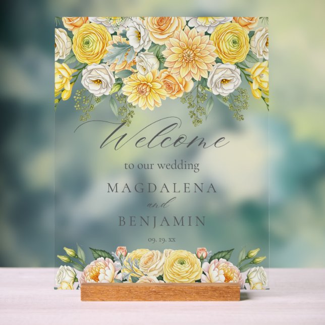 Yellow Peach Flowers Sage Greenery Wedding Welcome Acrylic Sign (Neutral)