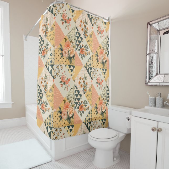 Yellow Peach Patchwork Quilt Rustic Retro Floral  Shower Curtain (In Situ)