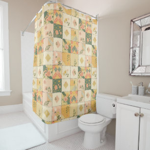 Yellow Peach Patchwork Quilt Rustic Retro Floral Shower Curtain