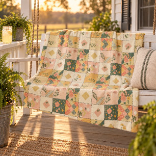 Yellow Peach Quilt Patchwork Gingham Cottagecore Fleece Blanket