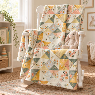 Yellow Peach Quilt Patchwork Gingham Cottagecore Fleece Blanket