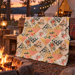 Yellow Peach Quilt Patchwork Gingham Cottagecore Fleece Blanket