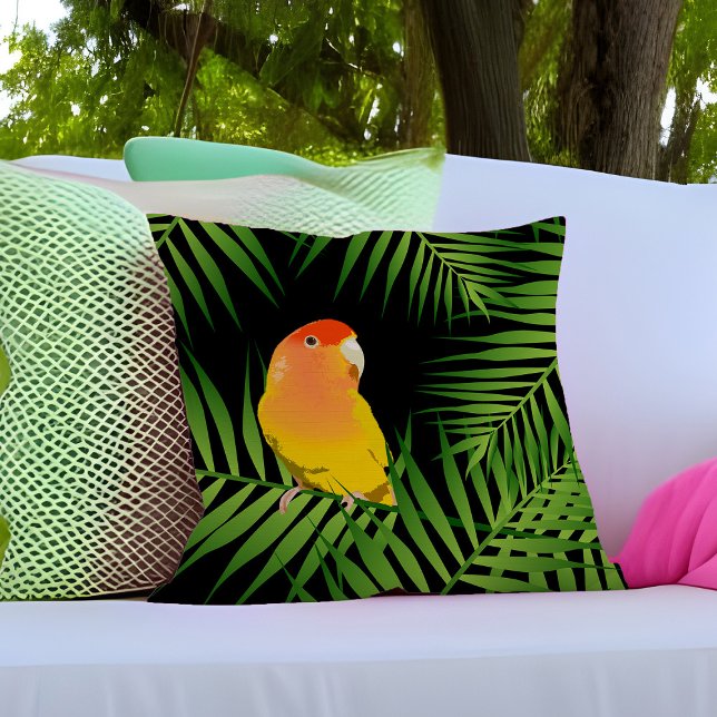 Yellow Peachface Lovebird Parrot Pet Bird Black Cushion (Yellow Lovebird parrot pillow for pet bird lovers' decor)