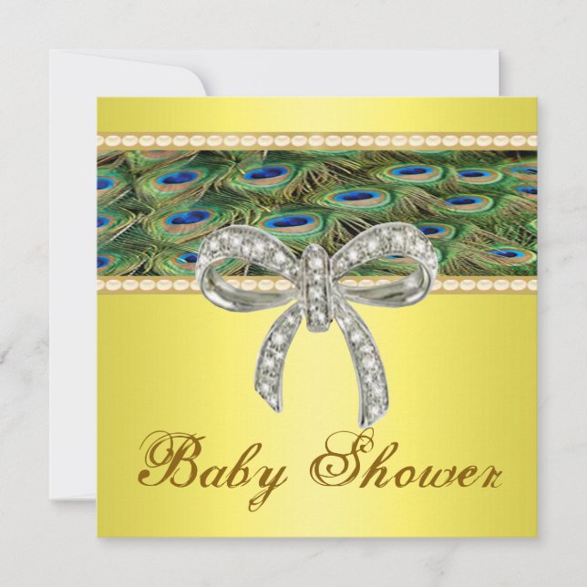 Yellow Peacock Diamond Bow Baby Shower Invitation (Front)