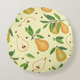 Yellow Pear Fruits: Vintage Illustration. Round Cushion