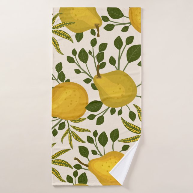 Yellow Pears Leaves White Background Bath Towel (Bath Towel)