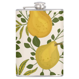 Yellow Pears Leaves White Background Hip Flask