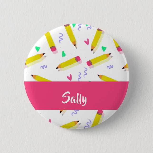 Yellow pencils and scrabbles on white 6 cm round badge (Front)