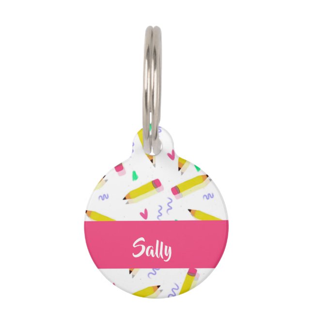 Yellow pencils and scrabbles on white pet tag (Front)