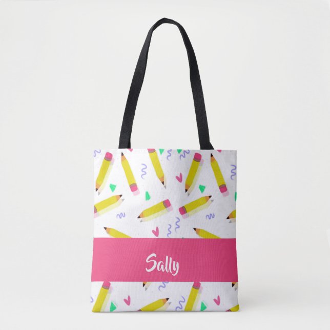 Yellow pencils and scrabbles on white tote bag (Front)