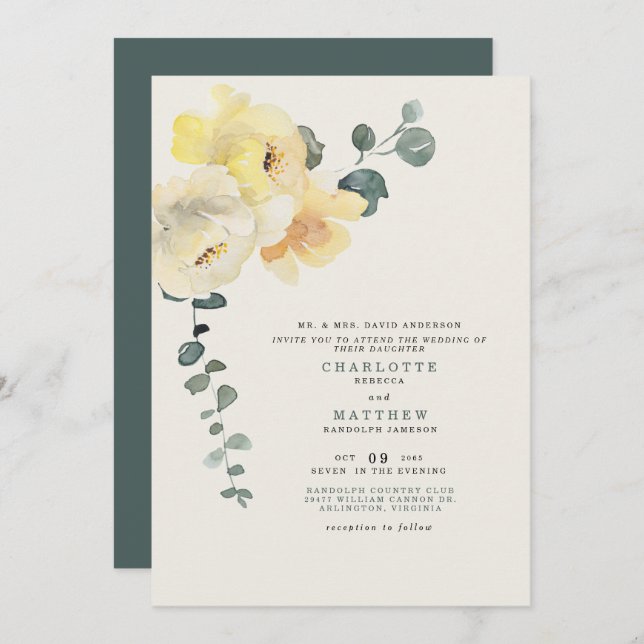 Yellow Peonies Teal & Cream Wedding Bride Parents Invitation (Front/Back)