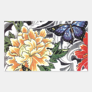 Yellow Peony and Butterfly Tattoo Design Rectangular Sticker